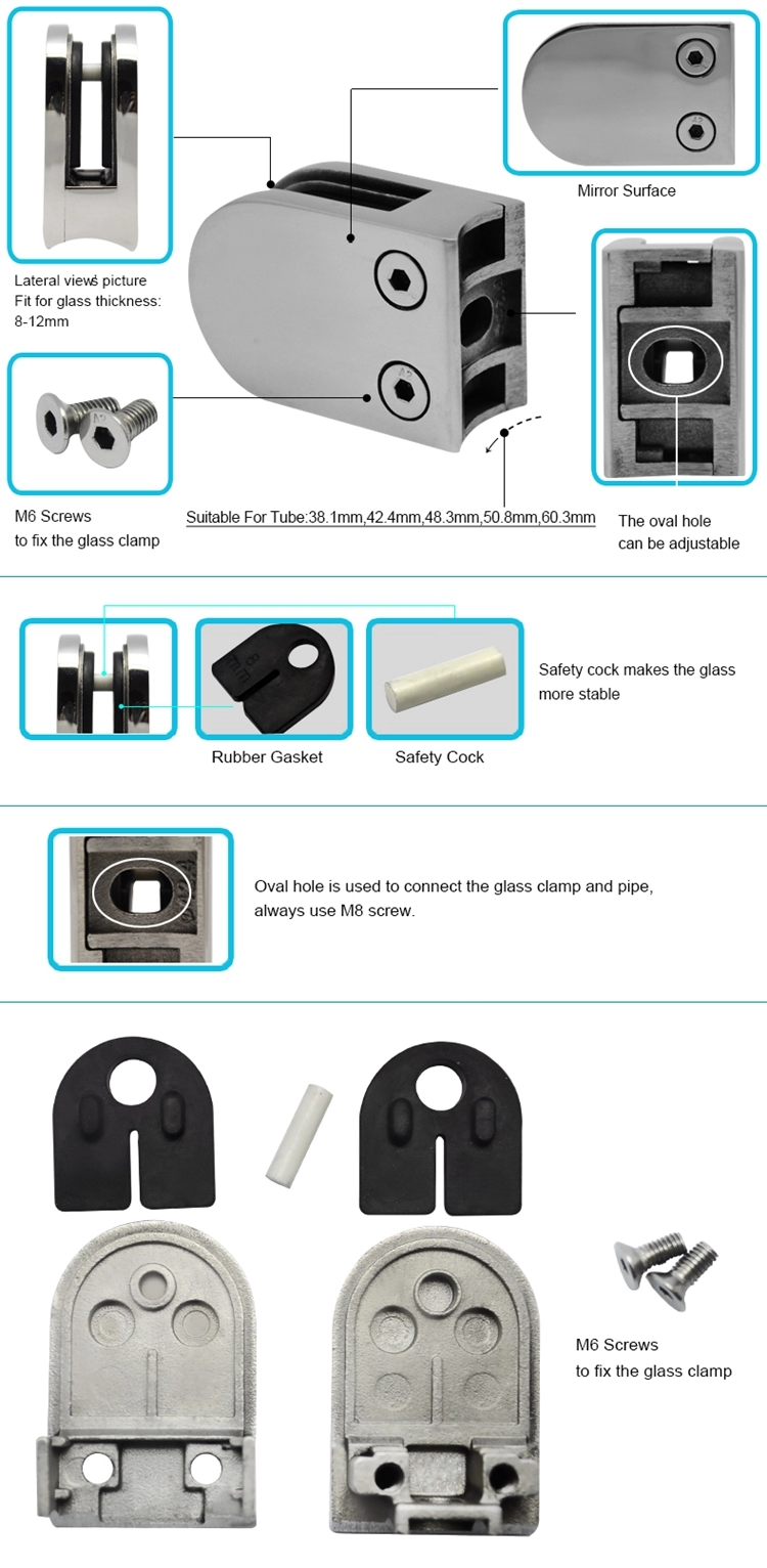 Holding Floor Mirror Stainless Steel Rail Adjustable Profile Fitting Glass Clamp 316